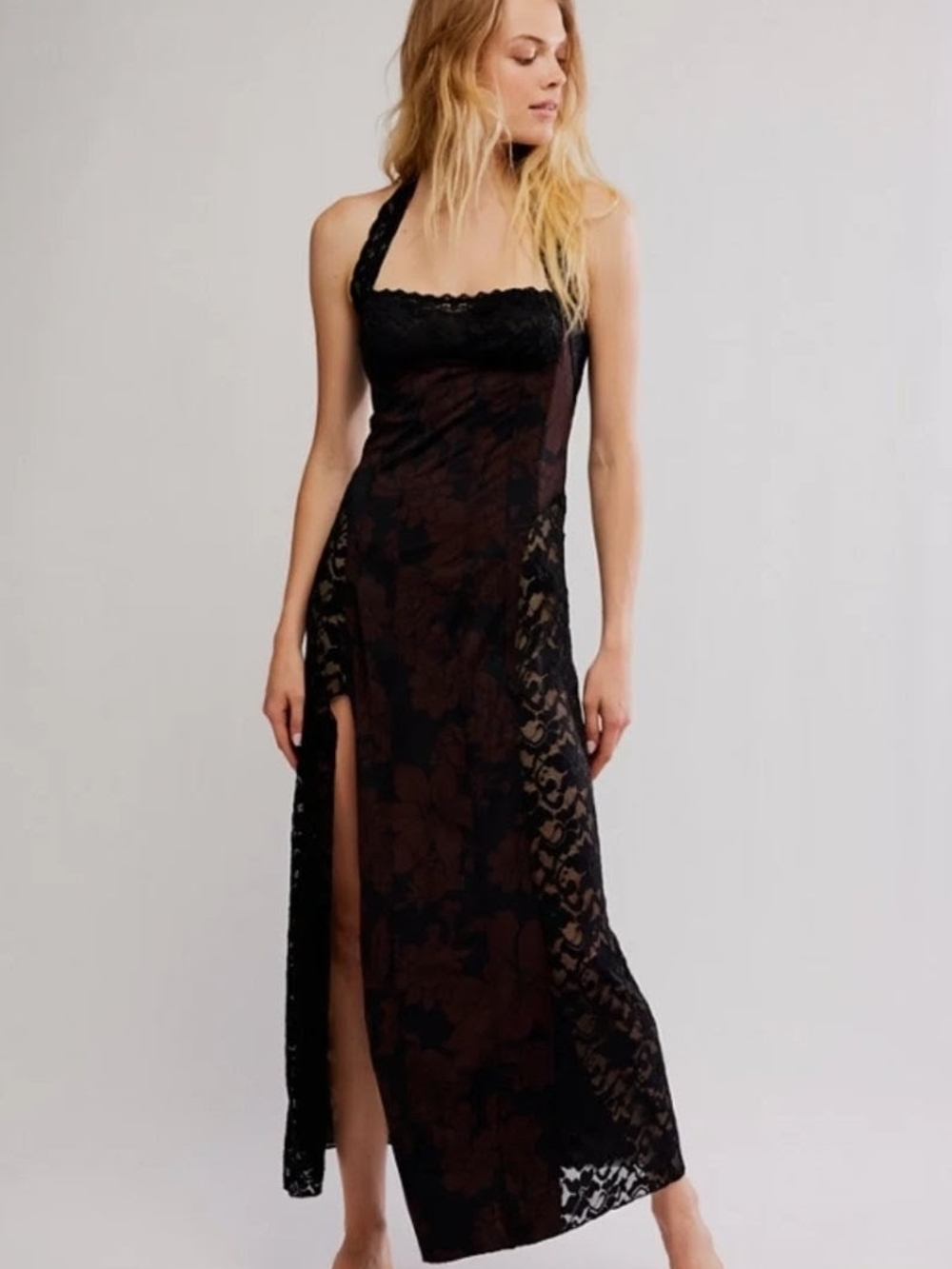 Free People Black Lace Maxi Dress with Brown Floral Underlay